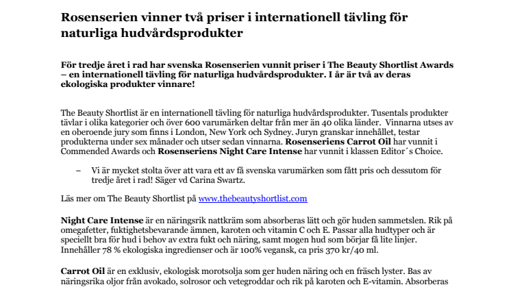 Rosenserien vinner två priser i internationell tävling för naturliga hudvårdsprodukter
