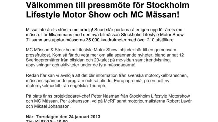 Pressinbjudan: Välkommen till pressmöte för Stockholm Lifestyle Motor Show och MC Mässan!