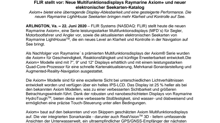 FLIR stellt vor: Neue Multifunktionsdisplays Raymarine Axiom+ und neuer elektronischer Seekarten-Katalog