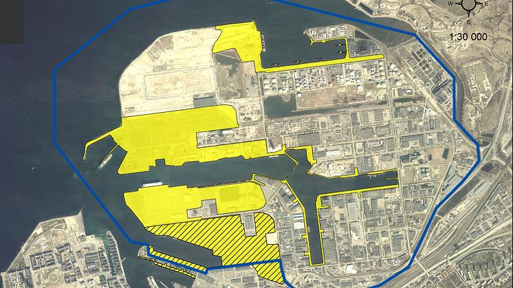 Karta över Norra Hamnen med avgränsningen för Masterplan (blå linje)