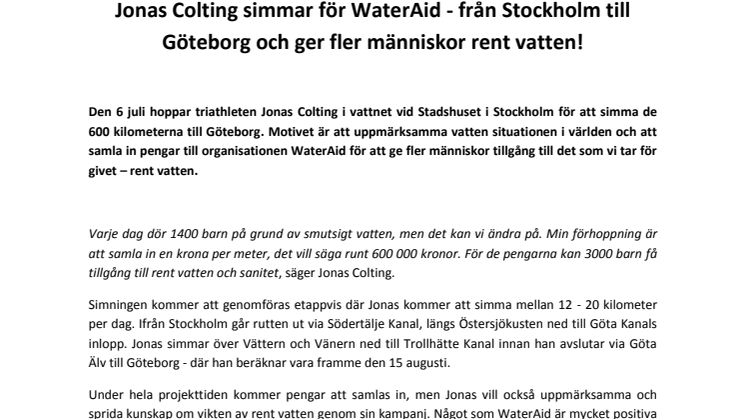 Jonas Colting simmar för WaterAid - från Stockholm till Göteborg och ger fler människor rent vatten!