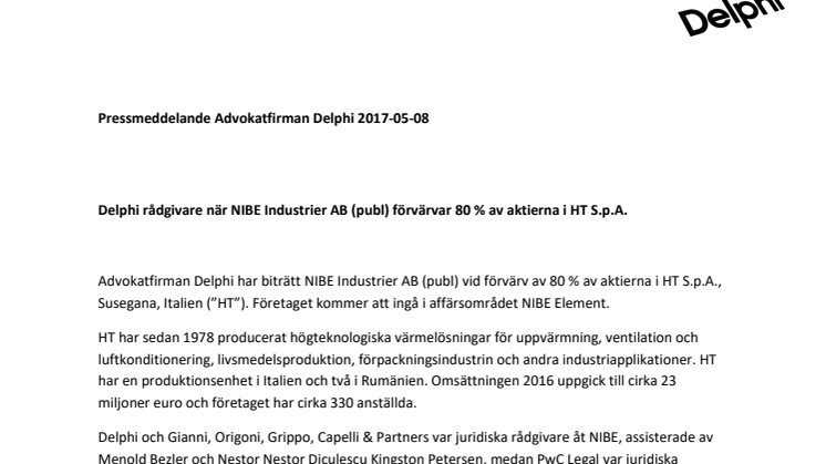 Delphi rådgivare när NIBE Industrier AB (publ) förvärvar 80 % av aktierna i HT S.p.A. 