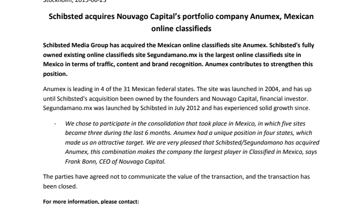Schibsted stärker sin position i Mexiko genom köpet av Nouvago Capitals innehav Anumex – en köp- och säljmarknad på Internet