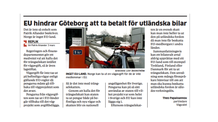 EU hindrar Göteborg att ta betalt för utländska bilar