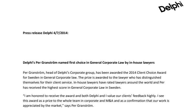 Delphi’s Per Granström named first choice in General Corporate Law by in-house lawyers