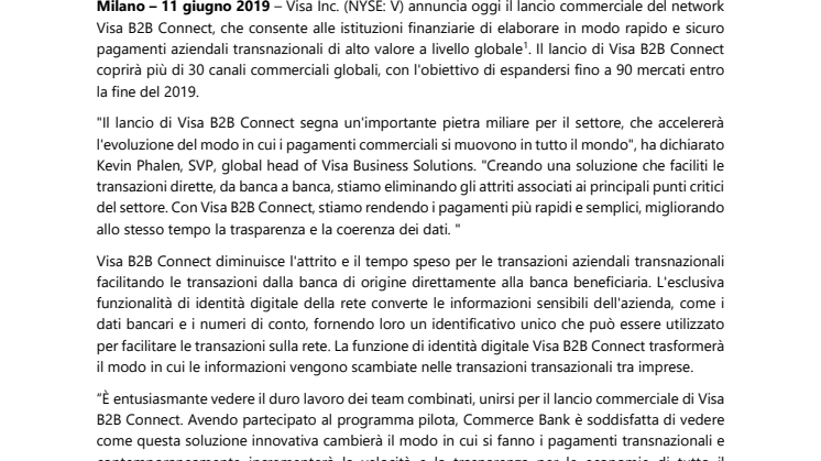 Visa B2B Connect attivato a livello globale