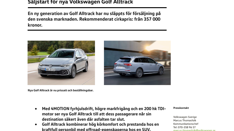Säljstart för nya Volkswagen Golf Alltrack