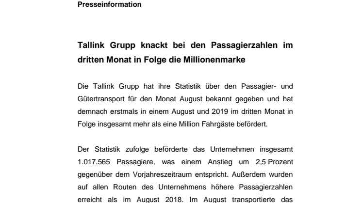 Tallink Silja knackt bei den Passagierzahlen im dritten Monat in Folge die Millionenmarke 