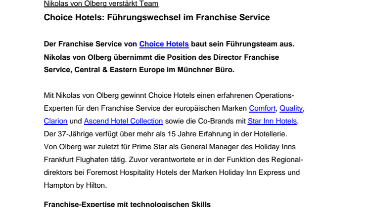 Choice Hotels: Führungswechsel im Franchise Service