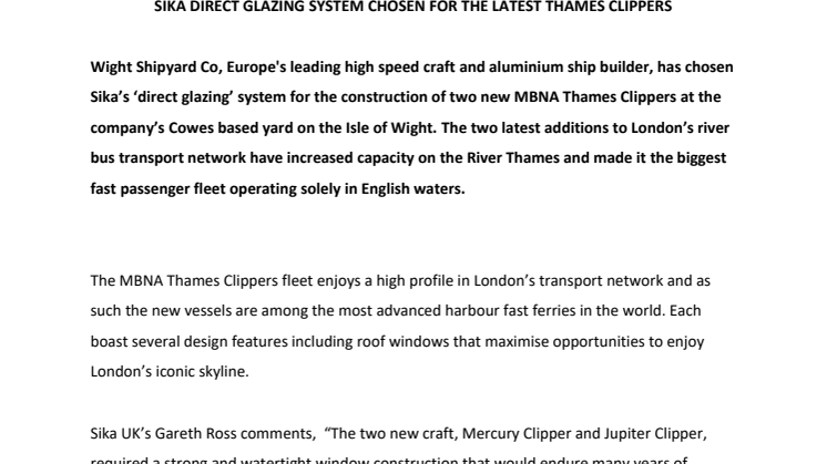 Sika Limited: Sika Direct Glazing System Chosen For The Latest Thames Clippers