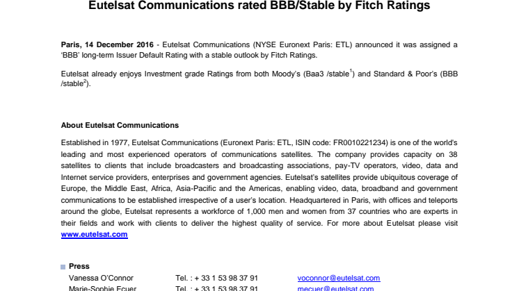 Eutelsat Communications rated BBB/Stable by Fitch Ratings