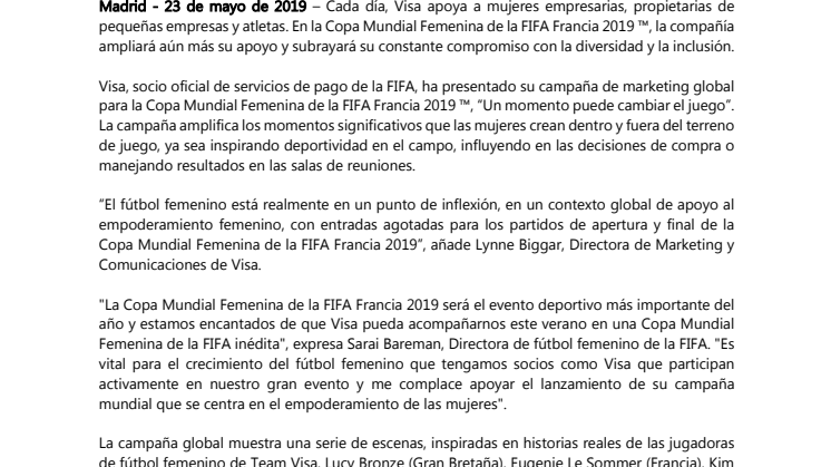 Visa patrocina la Copa Mundial Femenina de la FIFA™ y muestra su apoyo al deporte femenino