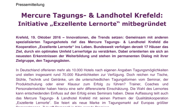 Mercure Tagungs- & Landhotel Krefeld: Initiative „Exzellente Lernorte“ mitbegründet