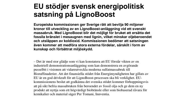 EU stödjer svensk energipolitisk satsning på LignoBoost