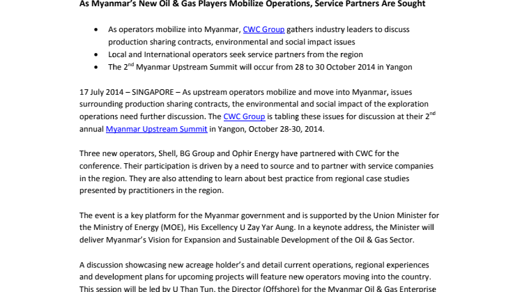 As Myanmar’s New Oil & Gas Players Mobilize Operations, Service Partners Are Sought