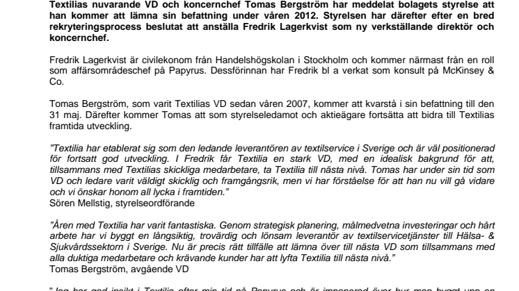 Fredrik Lagerkvist ny VD för Textilia