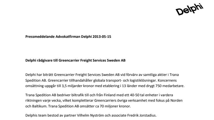 Delphi rådgivare till Greencarrier Freight Services Sweden AB