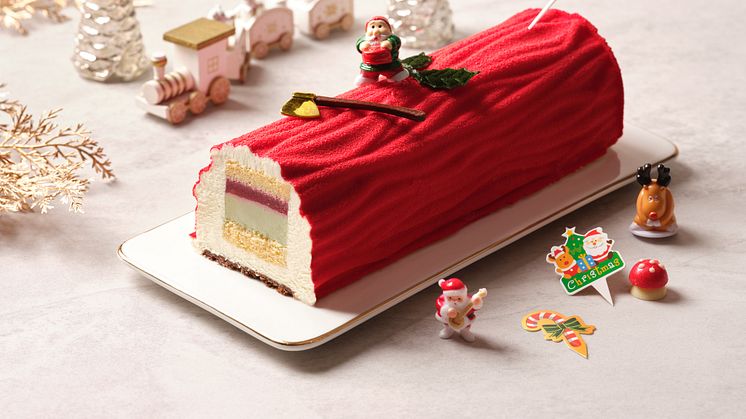 Spice Brasserie’s signature White Chocolate Yule Log Cake with Raspberry Gelee and Pistachio Cream at $68nett