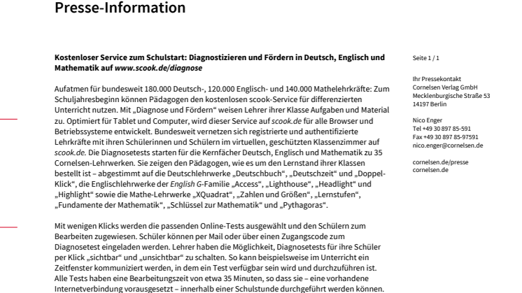 Kostenloser Service zum Schulstart: Diagnostizieren und Fördern in Deutsch, Englisch und Mathematik auf www.scook.de/diagnose