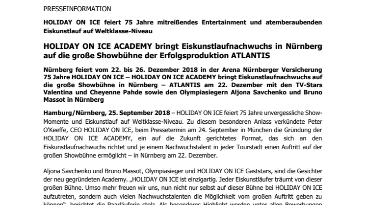 HOLIDAY ON ICE ACADEMY bringt Eiskunstlaufnachwuchs in Nürnberg auf die große Showbühne der Erfolgsproduktion ATLANTIS