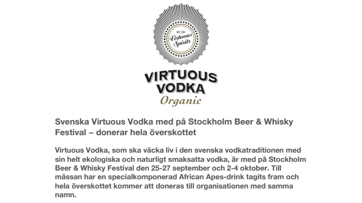 Svenska Virtuous Vodka med på Stockholm Beer & Whisky Festival − donerar hela överskottet  