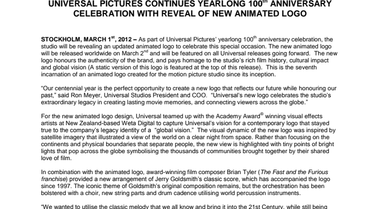 UNIVERSAL PICTURES CONTINUES YEARLONG 100th ANNIVERSARY  CELEBRATION WITH REVEAL OF NEW ANIMATED LOGO 