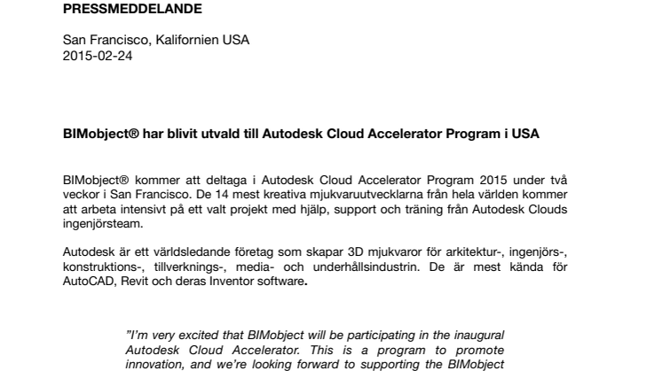 BIMobject® har blivit utvald till Autodesk Cloud Accelerator Program i USA