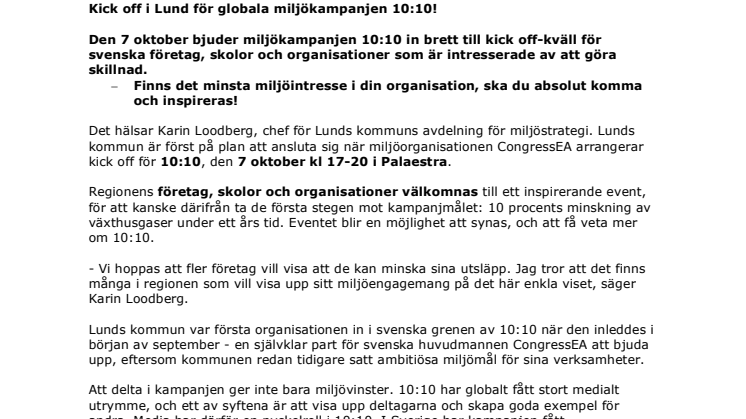 Kick off i Lund för globala miljökampanjen 10:10!
