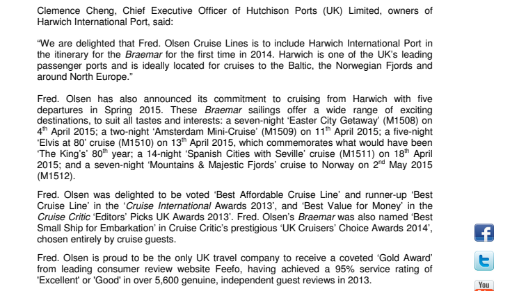 Fred. Olsen Cruise Lines’ Braemar commences inaugural cruise season from Harwich