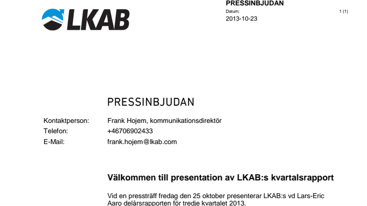 Pressinbjudan: LKAB:s delårsrapport för tredje kvartalet 2013