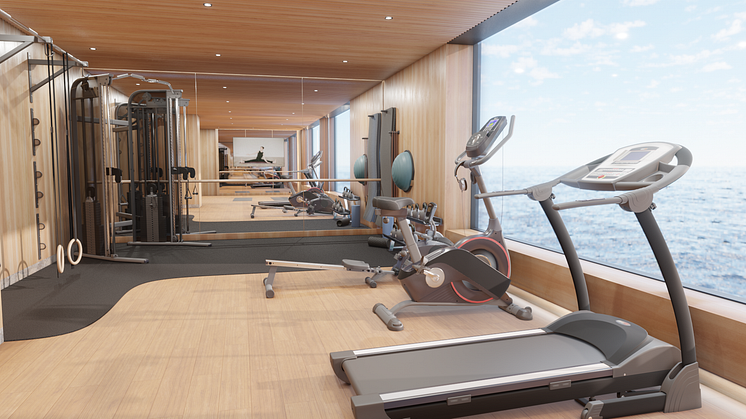 Viking Glory erbjuder Östersjöns första gym med slående havsutsikt. Skissbild: Viking Line
