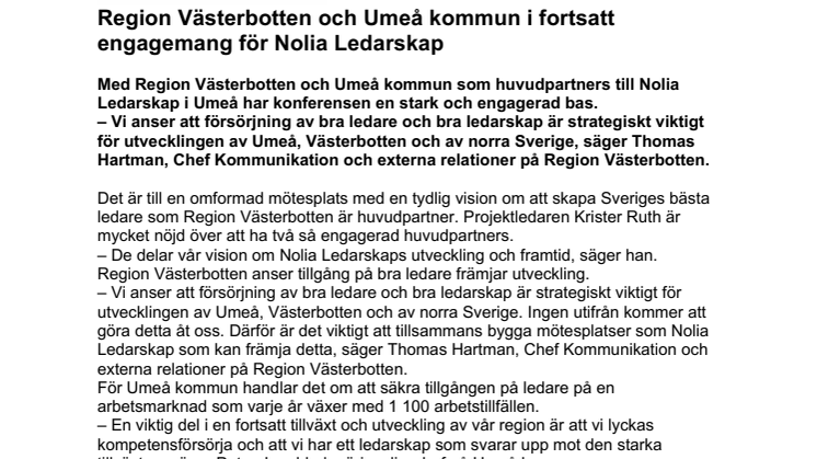 Region Västerbotten och Umeå kommun i fortsatt engagemang för Nolia Ledarskap