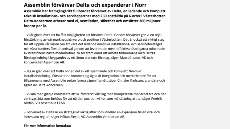 Assemblin förvärvar Delta och expanderar i Norr