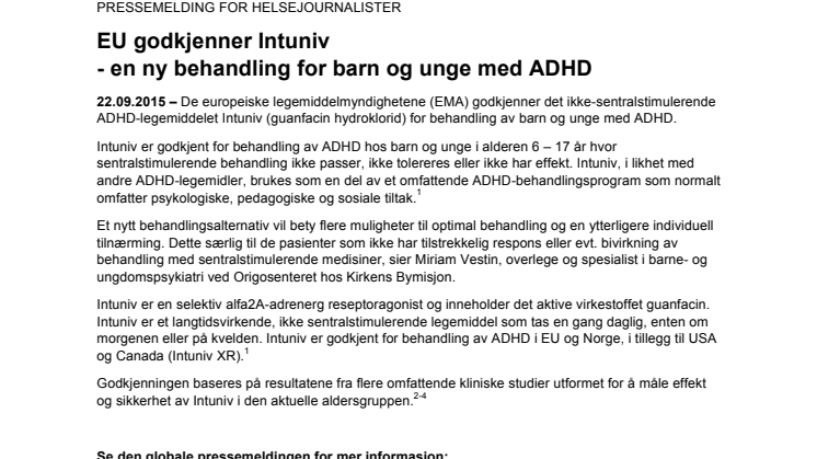 EU godkjenner Intuniv - en ny behandling for barn og unge med ADHD 