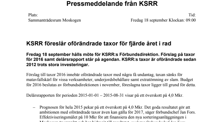 KSRR föreslår oförändrade taxor för fjärde året i rad