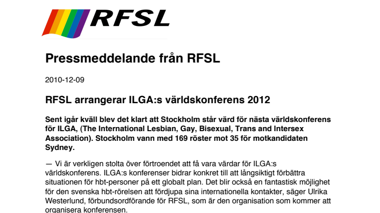 RFSL arrangerar ILGA:s världskonferens 2012