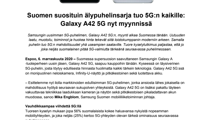 Suomen suosituin älypuhelinsarja tuo 5G:n kaikille: Galaxy A42 5G nyt myynnissä