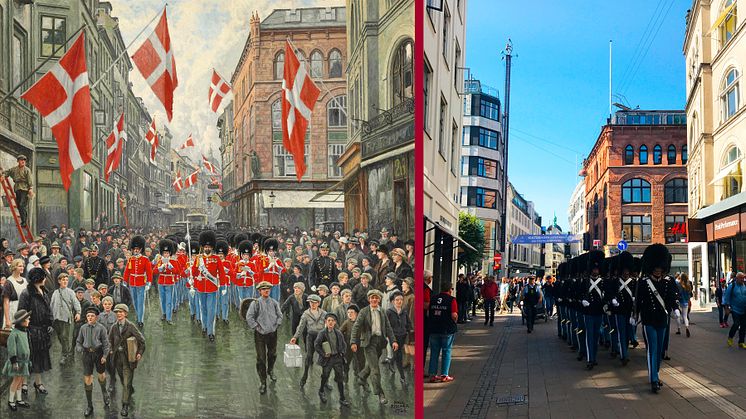 The Royal Guard on the pedestrian shopping street “Strøget” – then (1925) and now (2017).