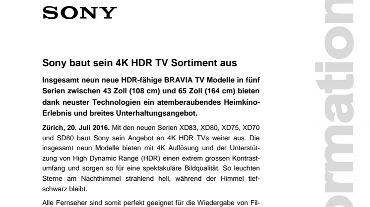 ​Sony baut sein 4K HDR TV Sortiment aus