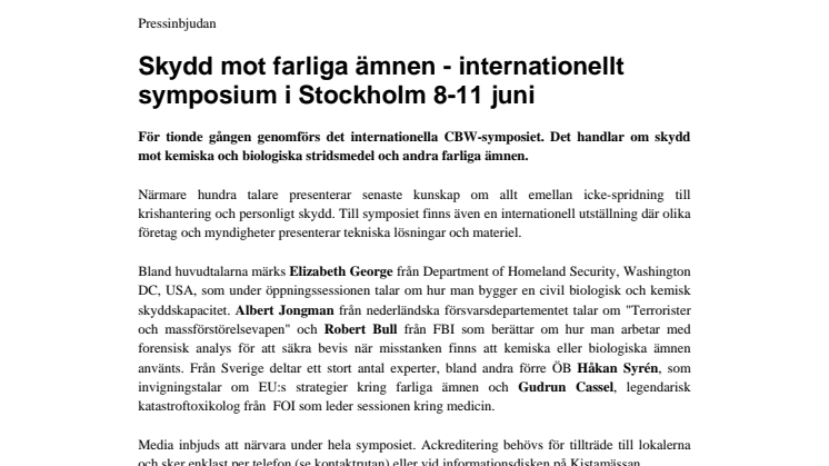 Pressinbjudan:  Skydd mot farliga ämnen - internationellt symposium i Stockholm 8-11 juni