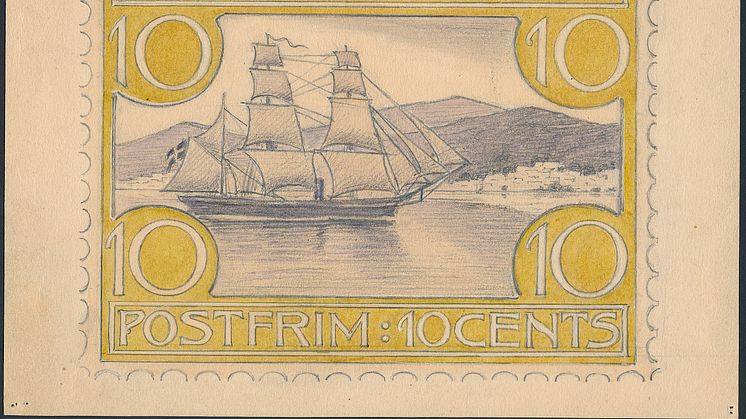 P.V. Jensen-Klints udkast til et Dansk Vestindisk frimærke (1904-5). Vurdering: 3.000 kr.