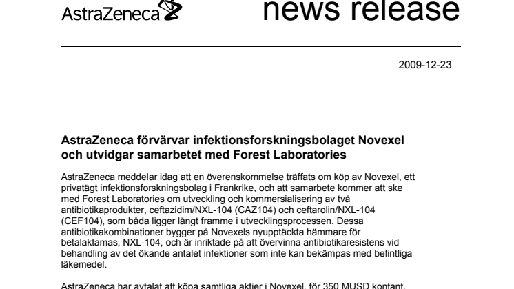 AstraZeneca förvärvar infektionsforskningsbolaget Novexel och utvidgar samarbetet med Forest Laboratories