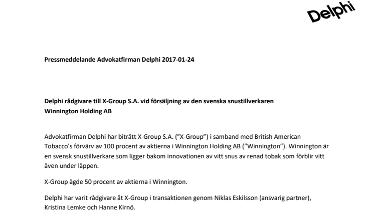 Delphi rådgivare till X-Group S.A. vid försäljning av den svenska snustillverkaren Winnington Holding AB 