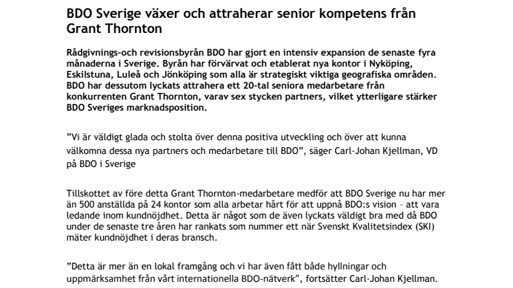 BDO Sverige växer och attraherar senior kompetens från Grant Thornton