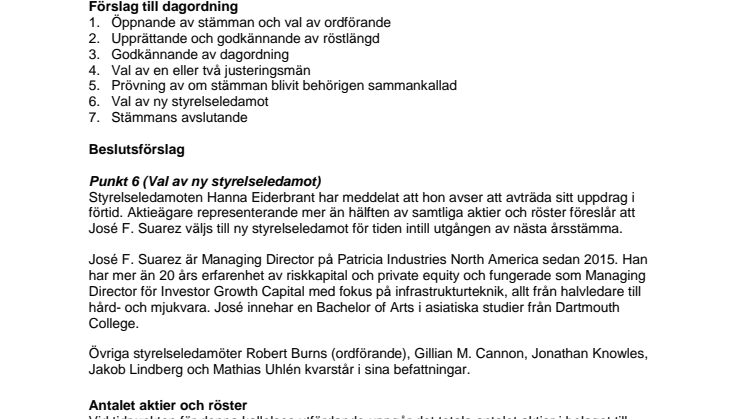 Notice of EGM (Kallelse till extra bolagsstämma)