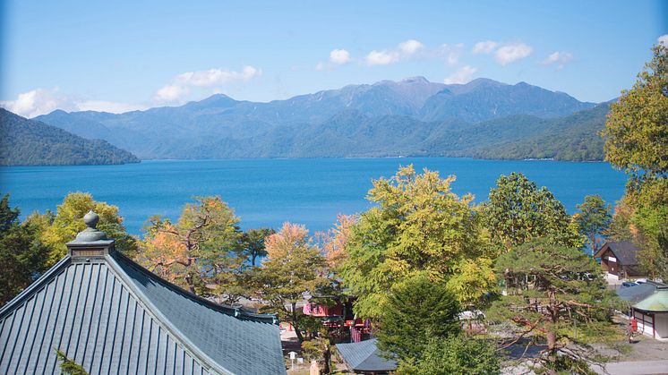 Chuzenji Temple overlooking Lake Chuzenji in Fall
