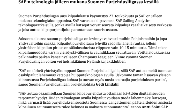 SAP:n teknologia jälleen mukana Suomen Purjehdusliigassa kesällä