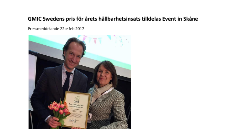 GMIC Swedens pris för årets hållbarhetsinsats tilldelas Event in Skåne
