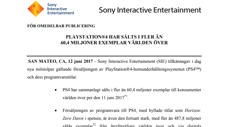 ​PlayStation®4 har sålts i fler än 60,4 miljoner exemplar världen över