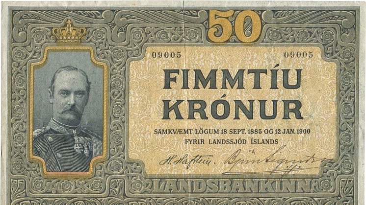 50 Krónur ND (1907), no. 09005, Hannes Hafstein : Björn Sigurdsson, Sieg 11, Pick 6a, so far only two specimens without punch holes known in private ownership. – stor